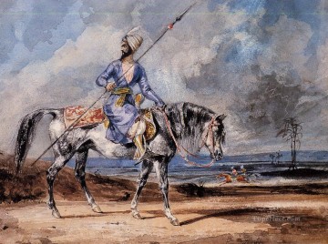 アラブ Painting - 灰色の馬に乗ったトルコ人男性 ウジェーヌ・ドラクロワ・アラブ人